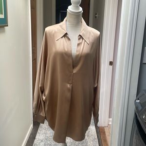 Vince split neck collar silk blouse in Chamois